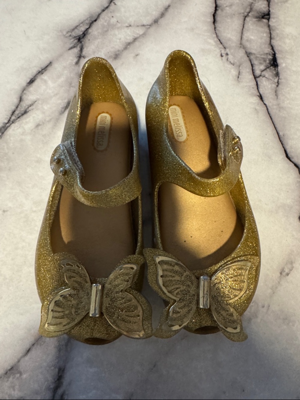 Mini Melissa Girls' Gold Glitter Butterfly Mary Jane Flats